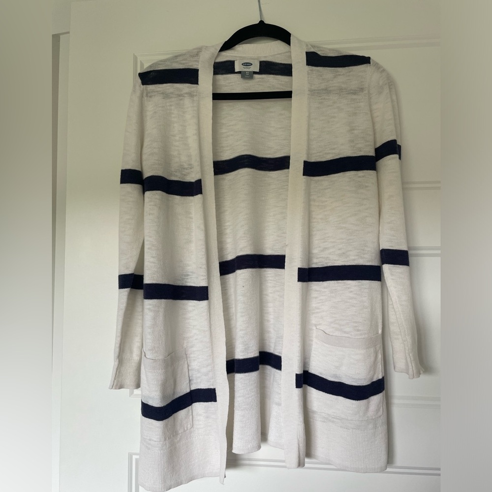 Old Navy White and Blue Striped Cardigan Sweater